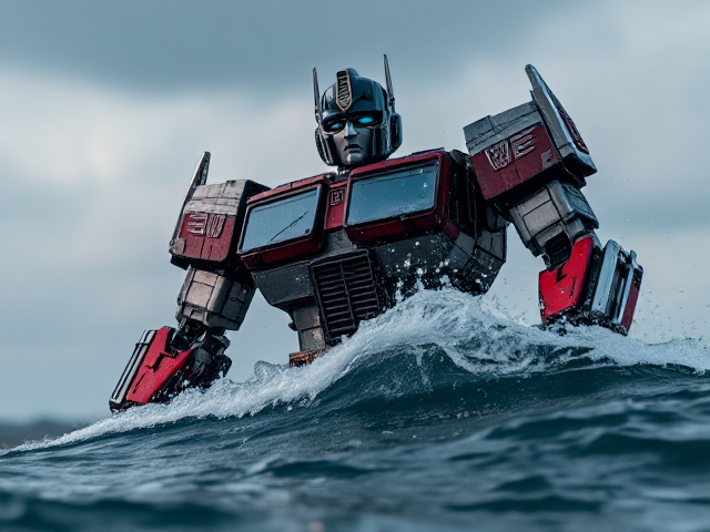 Lifelike 1980s Optimus prime rising from the ocean