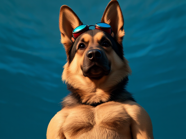 A anthropomorphic long-haired German shepherd with a long torso and broad shoulders wearing a one-piece swimsuit and swimming goggles