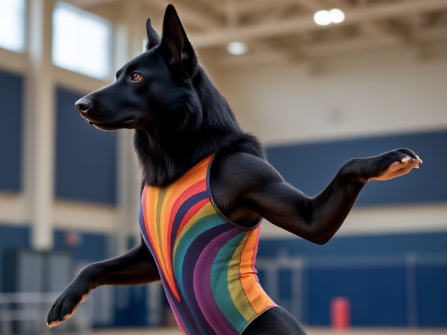 Anthropomorphic black German shepherd in a colorful gymnastics leotard performing in a gymnasium, dynamic pose, detailed fur, vivid colors, expressive eyes