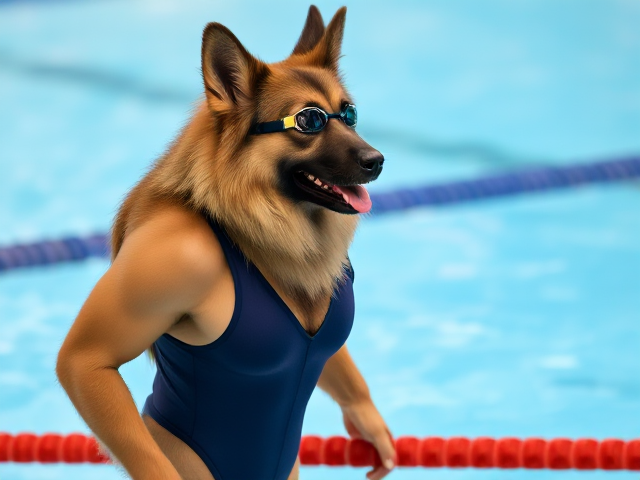 A tall anthropomorphic long haired German shepherd Olympic swimmer with a long torso, wearing a one piece swimsuit and swimming goggles