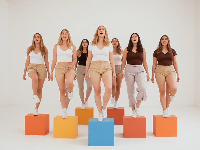 Large group of young blonde and brunette women in Urban Outfitters khakis and v-necks and Chucks sneakers each standing with one foot on top of a small colored riser posing like pterodactyls in a white room and singing