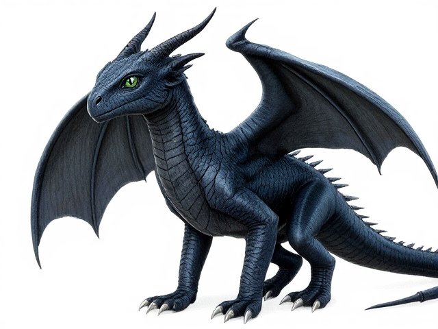 Young Female dragon with dark, midnight blue scales and huge obsidian black wings; obsidian black underbelly and clawed feet. She has small spikes that align from her head horns down to her back jaw. Her eyes are venom green. Narrow, beautiful face and an elegantly long neck. Has small ears like a horse. Powerfully built with taut muscles under her scales. She moves purposefully and proudly; has an expression of maturity and seriousness in her face