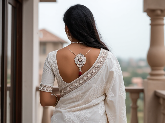 Indian woman dressed in a white saree with intricate white embroidery , and elaborate traditional jewelry including bangles, earrings, and a necklace, her back turned to reveal the detailed work on the saree. And long black hair, and NO face showing. The scene is set against a background of her on a balcony in Pakistan. Don’t blur the background