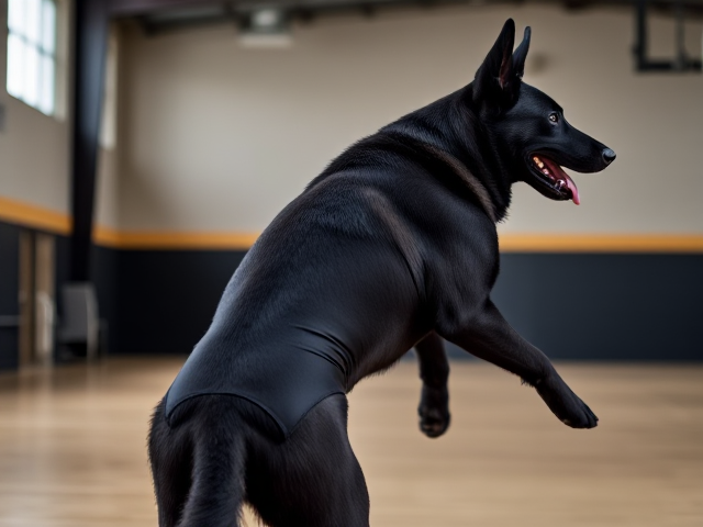 Anthropomorphic black German shepherd with broad shoulders wearing a gymnastics leotard in a gymnasium setting, dynamic pose, high detail, vibrant colors