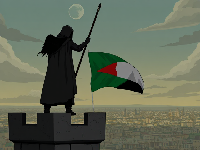 the Palestine Flag being waved by a hooded figure on top of a tower as he watches over the people of Palestine as a guardian angel after they have been surviving the attacks they are under. Animated in the style of telltale the walking dead
