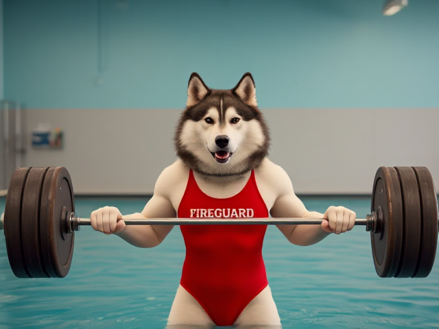 A anthropomorphic alaskan malamute wearing a red lifeguard one piece swimsuit lifting a barbell in a indoor pool