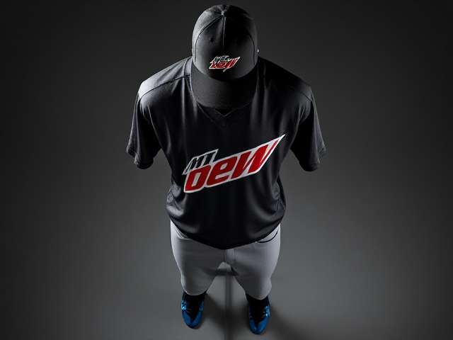 Create images of a black baseball hat with mountain dew voltage logo with a v neck athletic shirt with Mountain dew Voltage logo grey baseball pants with blue and black piping with black socks and blue cleats on a mannequin