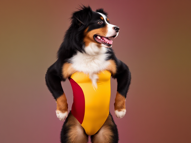 Bernese mountain dog with strong hips, wearing a colorful gymnastics leotard, in an athletic pose, vibrant background