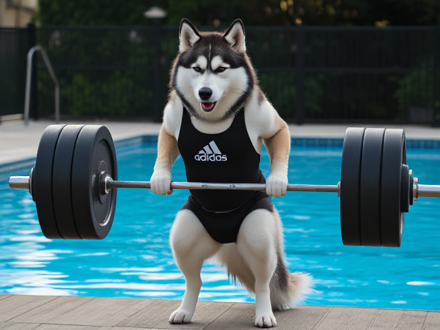 A anthropomorphic Siberian husky wearing an adidas swimsuit deadlifting a barbell on a pool deck