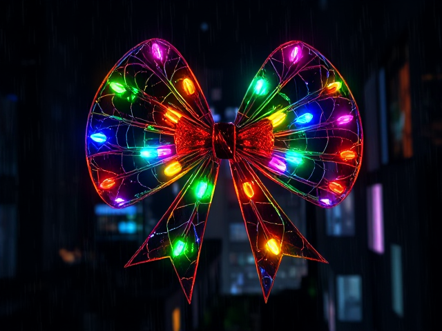 Handrawn Clipart bow, made of Christmas lights. Colorful Luminescent, isolated on a black background