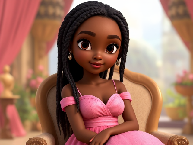 jeune femme noire de 19 ans avec des tresses, portant une élégante robe rose, assise gracieusement sur une chaise dans un environnement lumineux et détaillé