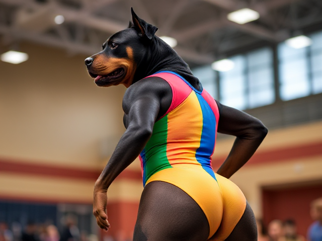 Anthropomorphic Rottweiler wearing a vibrant, colorful gymnastics leotard, highlighting strong and muscular hips, set in a lively gymnasium with bright lighting and energetic atmosphere