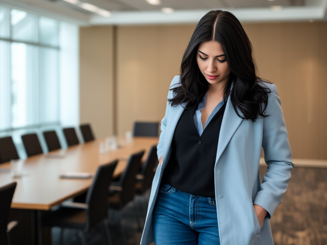 Brunette with dark black hair wearing a light blue coat with blue jeans and blouse and a black vest on top meets looks under the table in a conference room