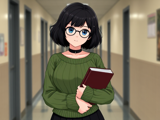 Anime girl have short curly black hair with blue eyes. She haves many freckles on her cheeks. She wears rounded glasses, she wears green sweater, a black choker, a black skirt with leggings and black shoes. She have a curvy body and curvy legs. Shes a nerd but very beautiful and shy. She holds book in her arms.
Shes blushing

Backround: School hallway