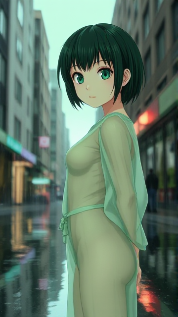 An anime-style medium shot of a female character standing in a rain-soaked urban setting. The character has pale, minty green skin and dark forest green hair styled in short, wet strands that cling together. She is wearing a translucent, light green fabric outfit that is soaked from the rain, making it cling to her body. The background consists of a city street painted in shades of jade and olive green, with rain puddles reflecting a deep pine green sky. Green-toned buildings line the street, and even the reflections in the water maintain the green color scheme. The overall mood of the image is tranquil and otherworldly.