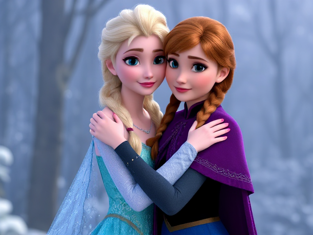 Goth princess Elsa hugging princess Anna, dressed elegantly,4K