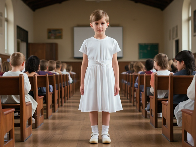 A Sunday school, with a 13 year old thin bored boy standing, wearing a pretty white dress with a bow stash around the waist. Frilly ankle socks and white Mary Jane shoes.