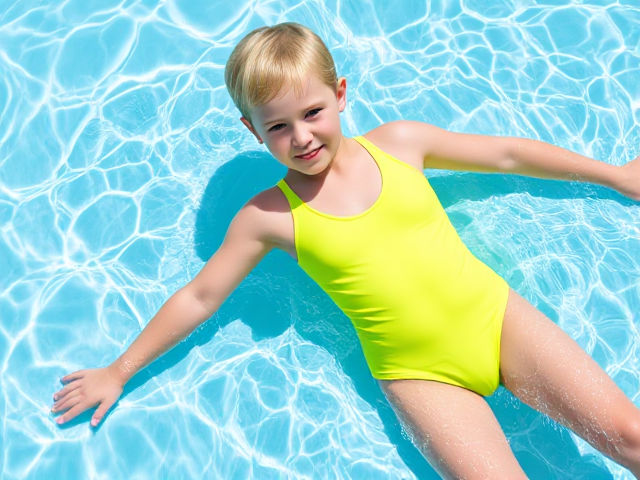 small young
blonde short haired
 girl in lime green one piece swimsuit