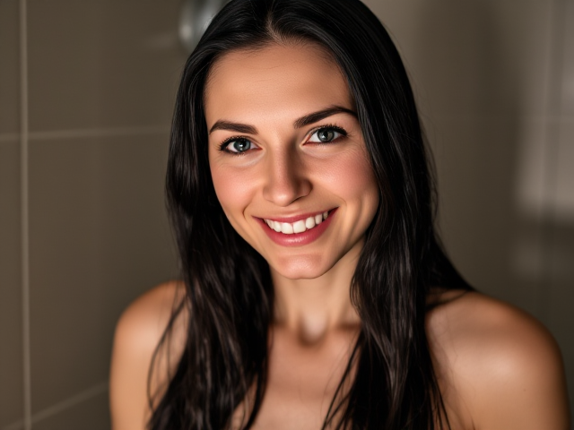 very tall woman 28 years old long black hair blue eyes  standing in the shower with warm water falling on her smiling