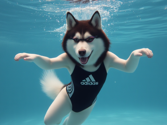 A anthropomorphic Siberian husky wearing an adidas swimsuit and swimming goggles dancing underwater