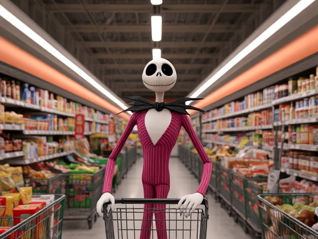 Jack Skellington dans son costume iconique, de couleur rose explorant un supermarché moderne avec des allées bien éclairées par des lumières fluorescentes, chariots remplis de produits variés, ambiance vivante et animée, détails précis