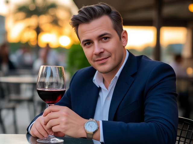 A charming man in his early 40s is seated at an outdoor café table, holding a glass of red wine in his hand. His salt-and-pepper hair is slicked back, revealing his sharp, distinguished features. He's dressed in a tailored navy blue suit jacket, a crisp white shirt underneath, and an elegant watch on his wrist. His deep brown eyes connect with the viewer's as he leans back comfortably in his chair, exuding an air of sophistication and confidence, while the warm glow of a sunset paints the sky behind him.
