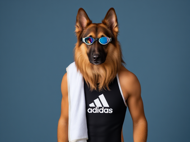 A tall anthropomorphic long haired german shepherd wearing an adidas swimsuit and swimming goggles drying off with a towel