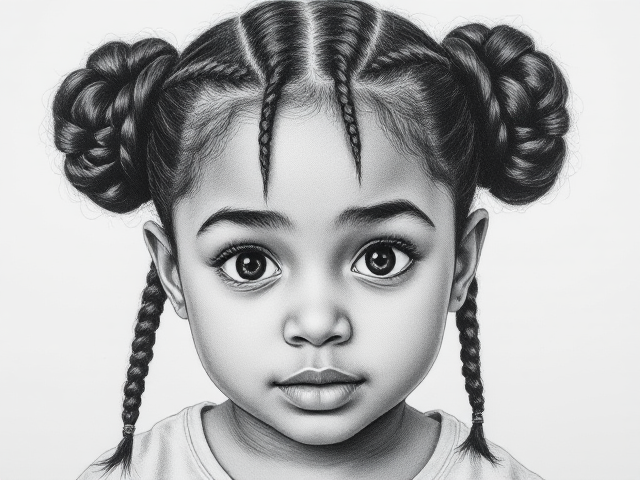 dessin d'une petite fille de 3ans, noire, avec les cheveux coiffés en deux chignons et trois nattes tombant sur son front, des yeux étirés