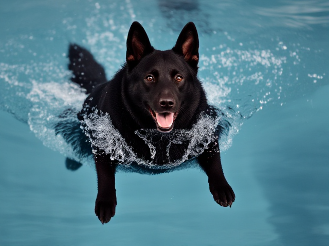 A anthropomorphic black German shepherd solo synchronized swimming