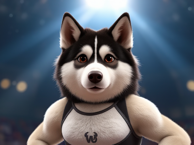 A Alaskan malamute Olympic gymnast with broad shoulders wearing a leotard