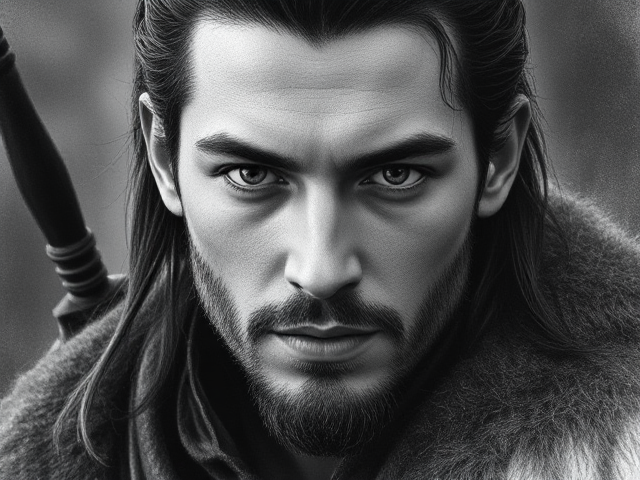 Generate an image/portrait of a medieval hunter.  He is a human, 25 years old, has middle lenght, black, bit greasy slicked back hair and grey eyes. Slightly oval face and no facial hair