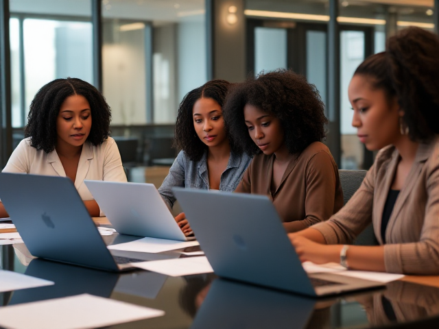 Jeunes femmes afro-américaines dans une salle de réunion moderne, collaborant et écrivant un rapport sur des ordinateurs portables et des documents éparpillés sur la table
