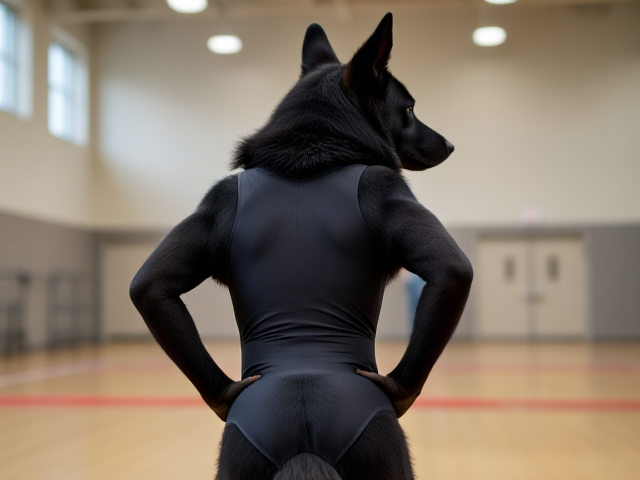 <img alt="Anthropomorphic black German shepherd wearing a gymnastics leotard, posing with emphasis on its hips in a gymnasium setting, detailed and vibrant colors" src="https://ai0servers0shared.blob.core.windows.net/generatedimages/generation/images/yfF9oQJyGZ8LPX1_1729203956.png" />