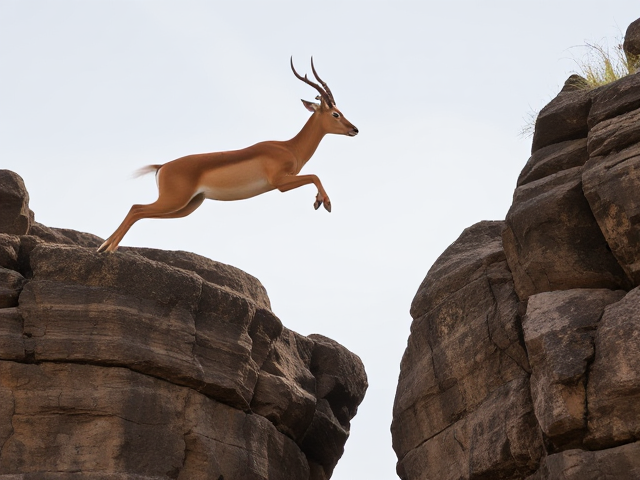 gazelle leaping over rocky gap