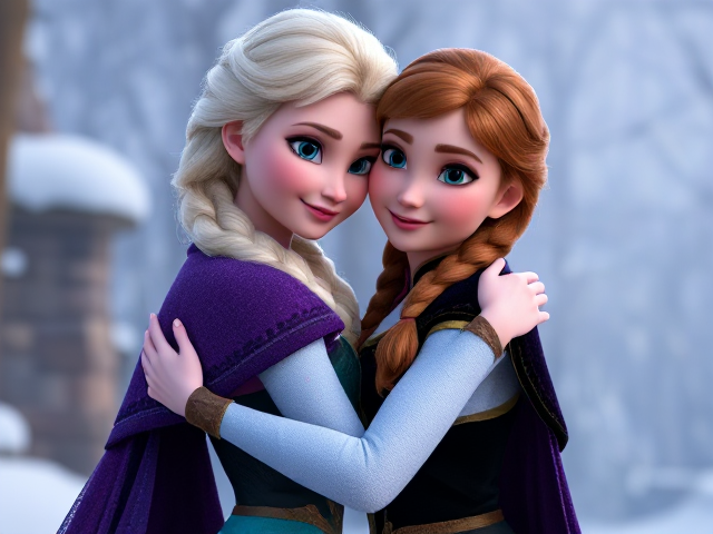 Goth princess Elsa hugging princess Anna, dressed elegantly,4K, hyperrealtistic