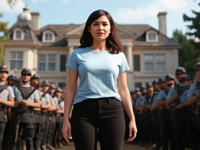Brunette wearing a light blue t shirt and black pants stands in front of her personal army giving a rousing speech to them outside her mansion