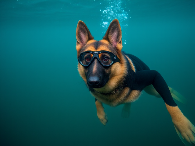 German shepherd Freediving wearing fins a wetsuit and goggles