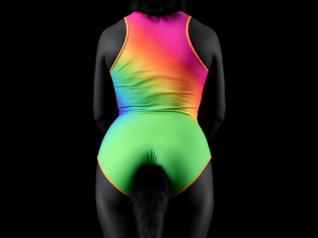 A Anthropomorphic black German shepherd wearing a colourful gymnastics leotard that hugs her butt