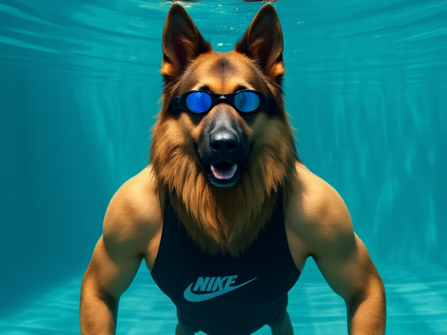 A tall anthropomorphic long haired German shepherd with a long torso and broad shoulders wearing a Nike one piece swimsuit and swimming goggles while submerged underwater