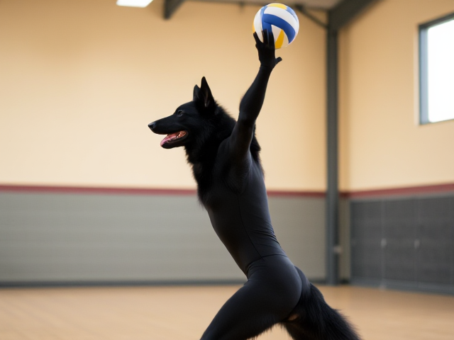 Anthropomorphic black German shepherd playing volleyball, wearing a leotard, gymnasium setting, focus on athletic build and dynamic pose