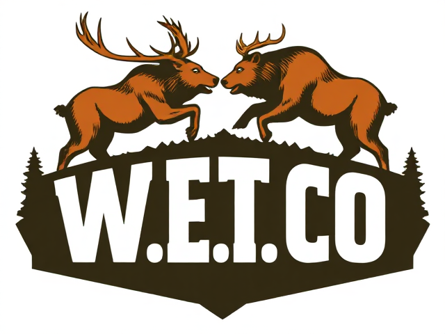 logo for W.E.T. CO, two elks clashing with grizzly bears over looking the name, dynamic composition, bold design, emblematic style