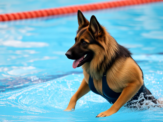 A anthropomorphic long haired German shepherd Olympic swimmer wearing a high cut one piece swimsuit