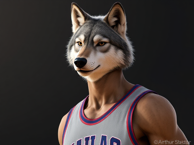 A tall and lean anthropomorphic gray wolf basketball player