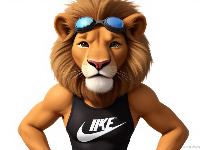 A anthropomorphic lion wearing a Nike one piece swimsuit and swimming goggles