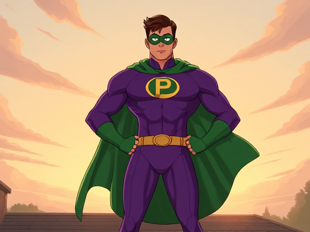 Dramatic Cartoon scene: A young, Autistic 25-year old boy with light skin and flat, smooth, and slick brown hair with a singular curled bang in the shape of a P sticking out at the front named T.J. Granger, but transformed into a genetically-altered superhero named Powerman, who, despite still being a young adult kid, has an extremely muscular body. He wears a sleek purple bodysuit with a green P symbol on his chest, a golden belt with a circular buckle, green briefs, green boots, green long-cuffed gloves, a really big, toe-length long, ultra-wide green cape wreathed around his neck, and a green eye mask that protects his true identity and also causes his pupils to magically disappear as his eyes glow an eerie white. He also has incredible and invincible superpowers flowing through his veins. In this scene, Powerman is currently standing on the roof of his house in the morning, ready for action.