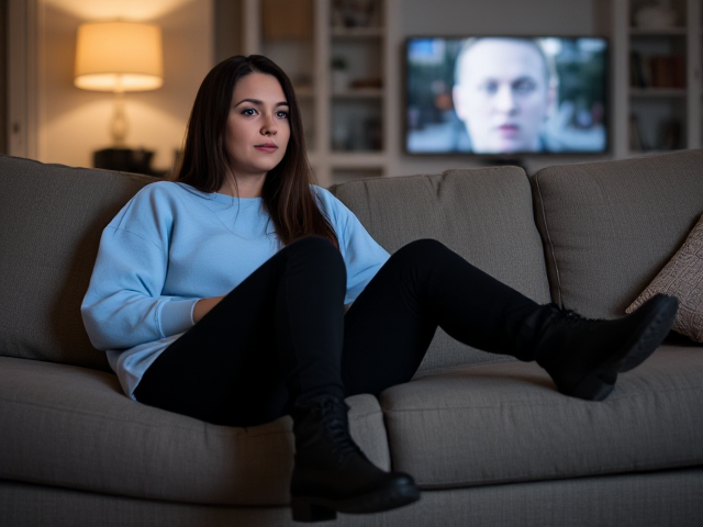 Brunette wearing a light blue sweatshirt and black pants and boots on her couch watching a movie