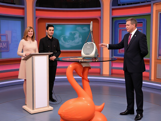 A game show studio with a host and two contestants. the contestants are standing at a small lectern and the host is to their right showing off the item on a table is a high table it is a glass top with a giant orange swan base, the glass is covered with a short vintage table cloth with a vacuum cleaner sitting on top. the studio set is decorated with a retro 70's and 80's aesthetic, colorful retro.