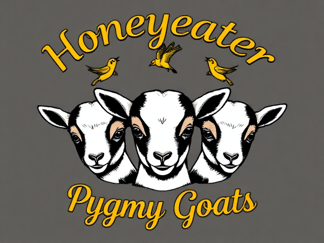 Draw a logo with three baby goats' faces and three honeyeater birds flying around them with the word "Honeyeater" above the goats and "Pygmy Goats" below the goats. Text is arched and cursive. All text is gold and has black outline.