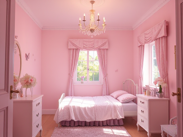 a feminine little girly bedroom in a cottage with a single bed and a small dresser. The walls were painted a pale pink, and delicate butterfly decals decorated one corner. A small chandelier hung from the ceiling, casting rainbow reflections around the room.