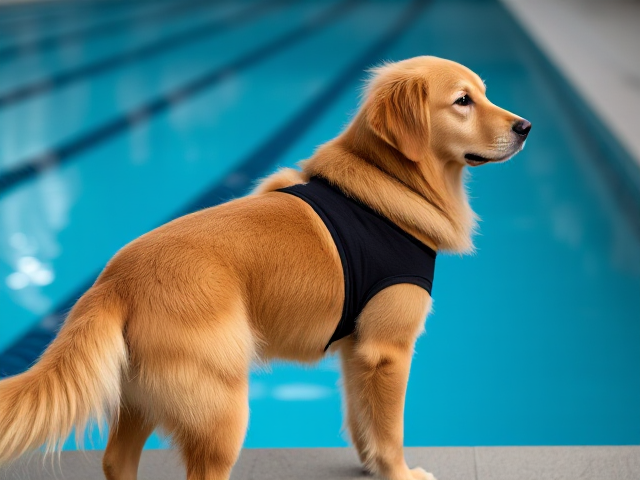 Anthropomorphic golden retriever wearing a tight-fitting leotard, standing confidently by an Olympic swimming pool, vivid colors, sharp focus, detailed fur texture